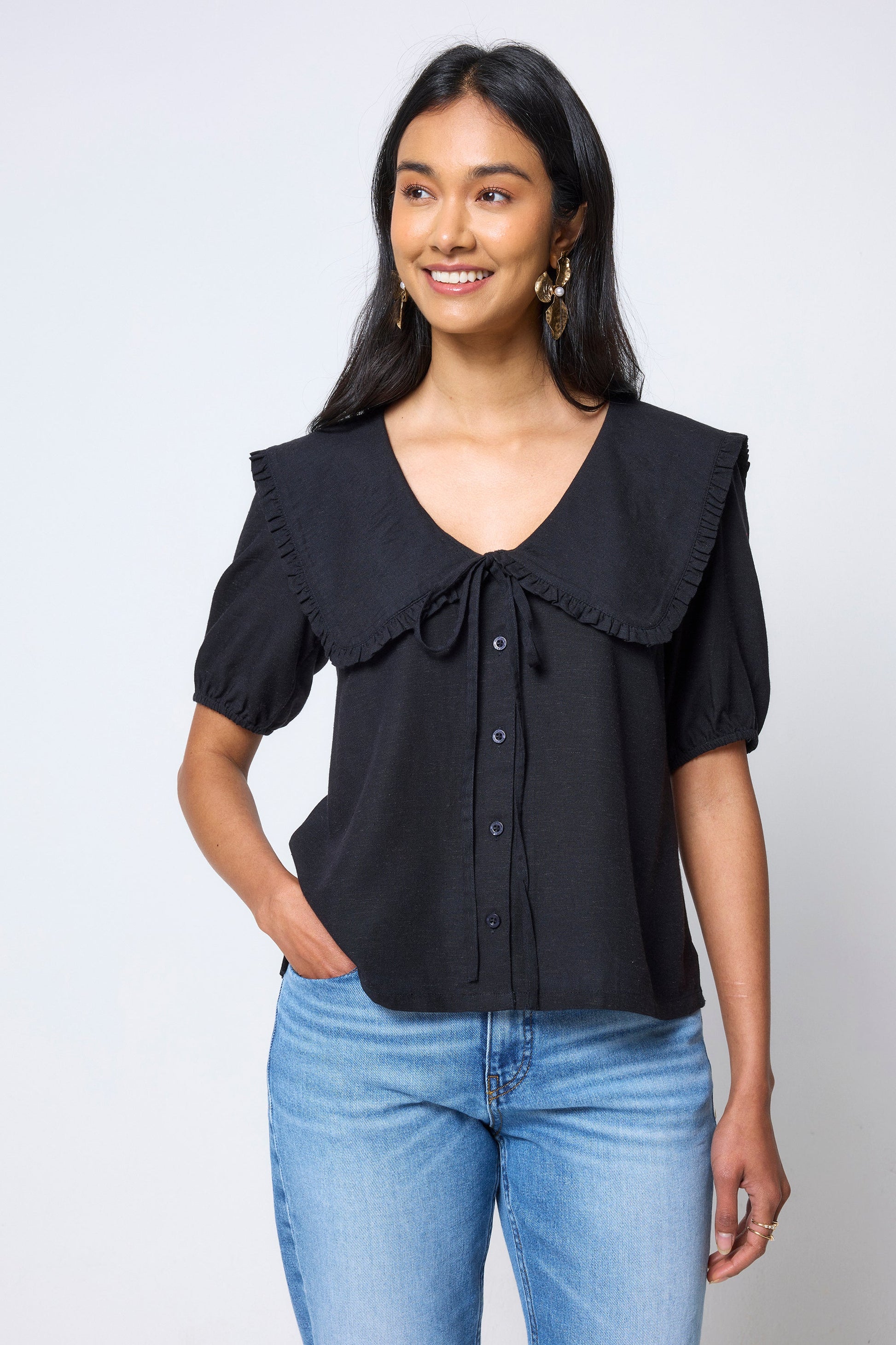 Black Collared Short Sleeve Blouse