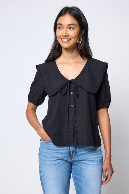 Black Collared Short Sleeve Blouse