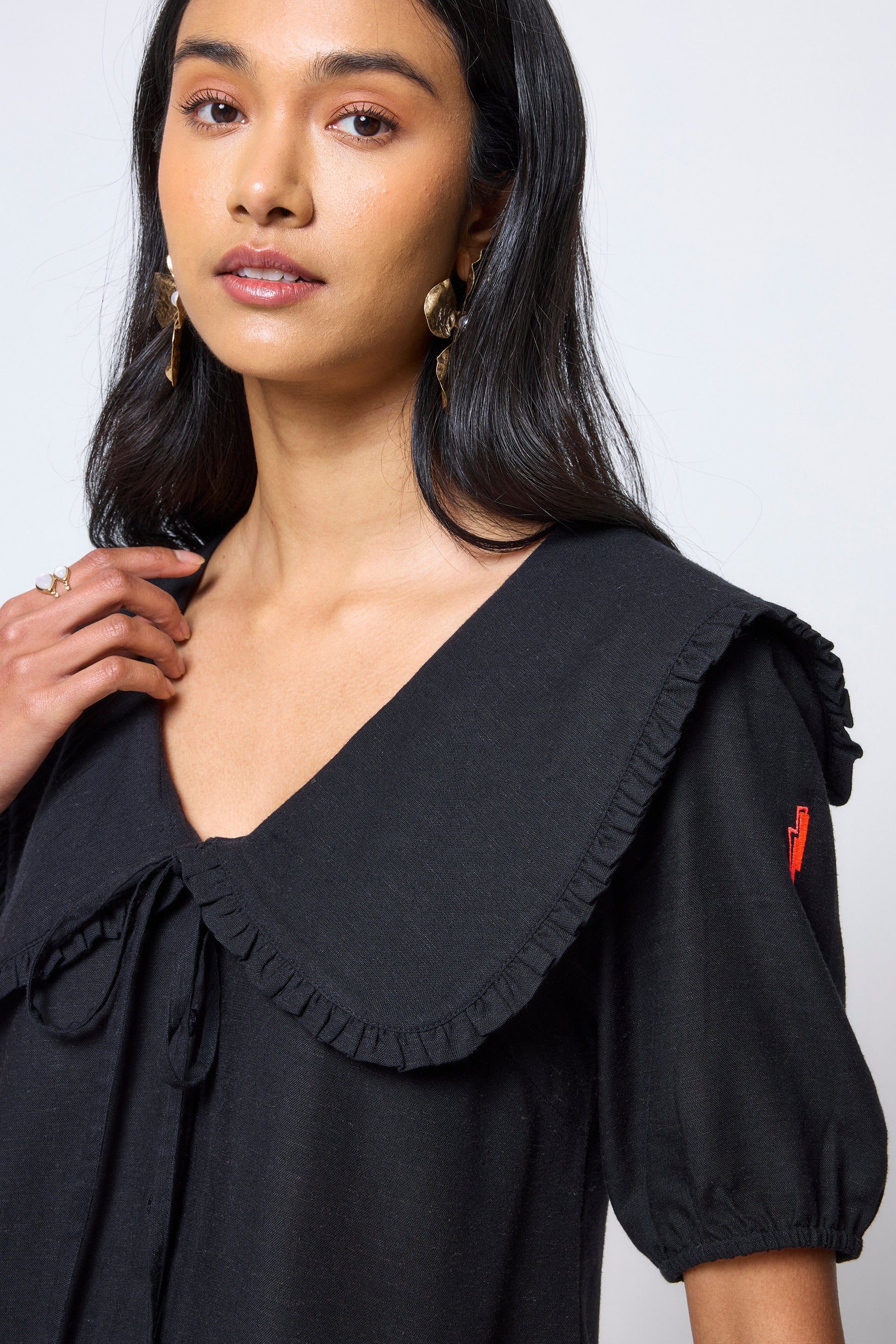 Black Collared Short Sleeve Blouse