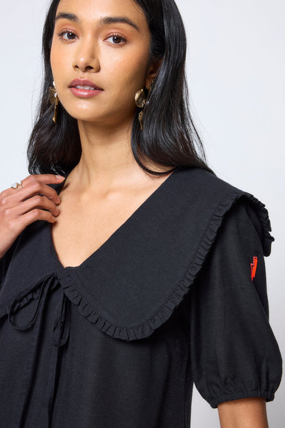 Black Collared Short Sleeve Blouse