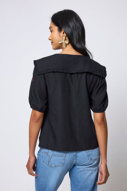 Black Collared Short Sleeve Blouse