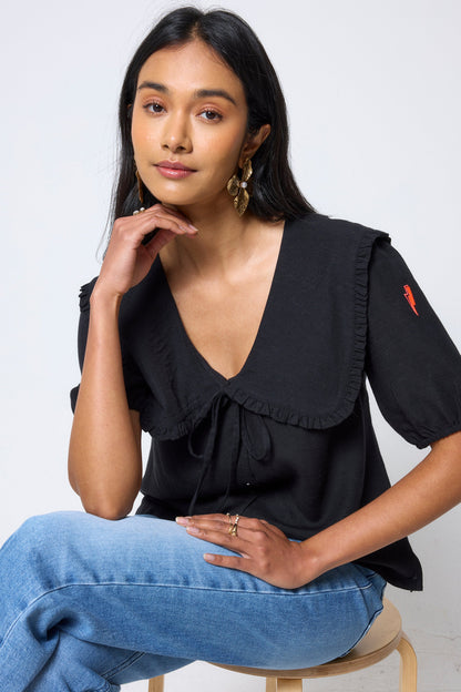 Black Collared Short Sleeve Blouse