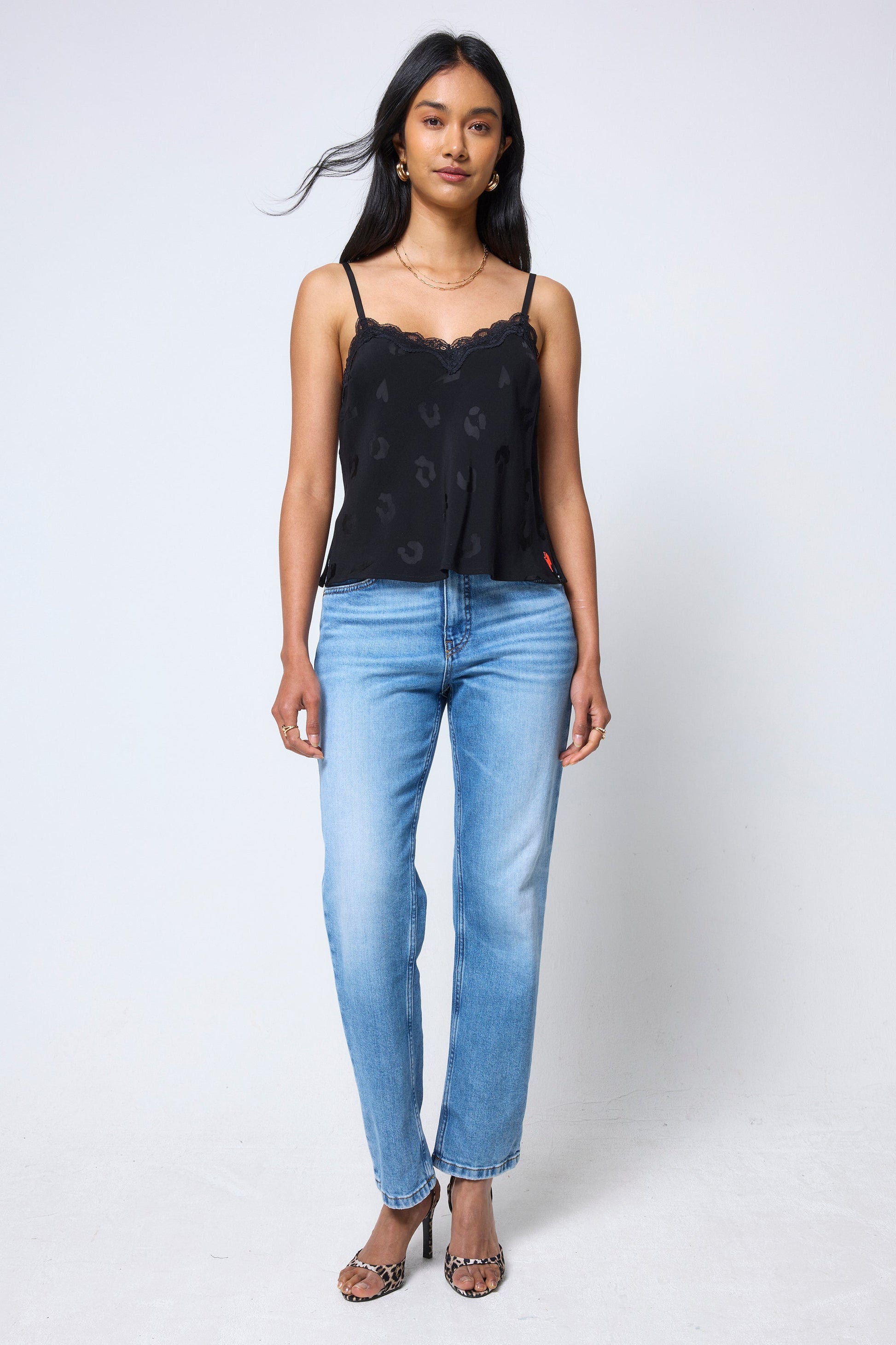 Black Jacquard Lace Trim Cami Top
