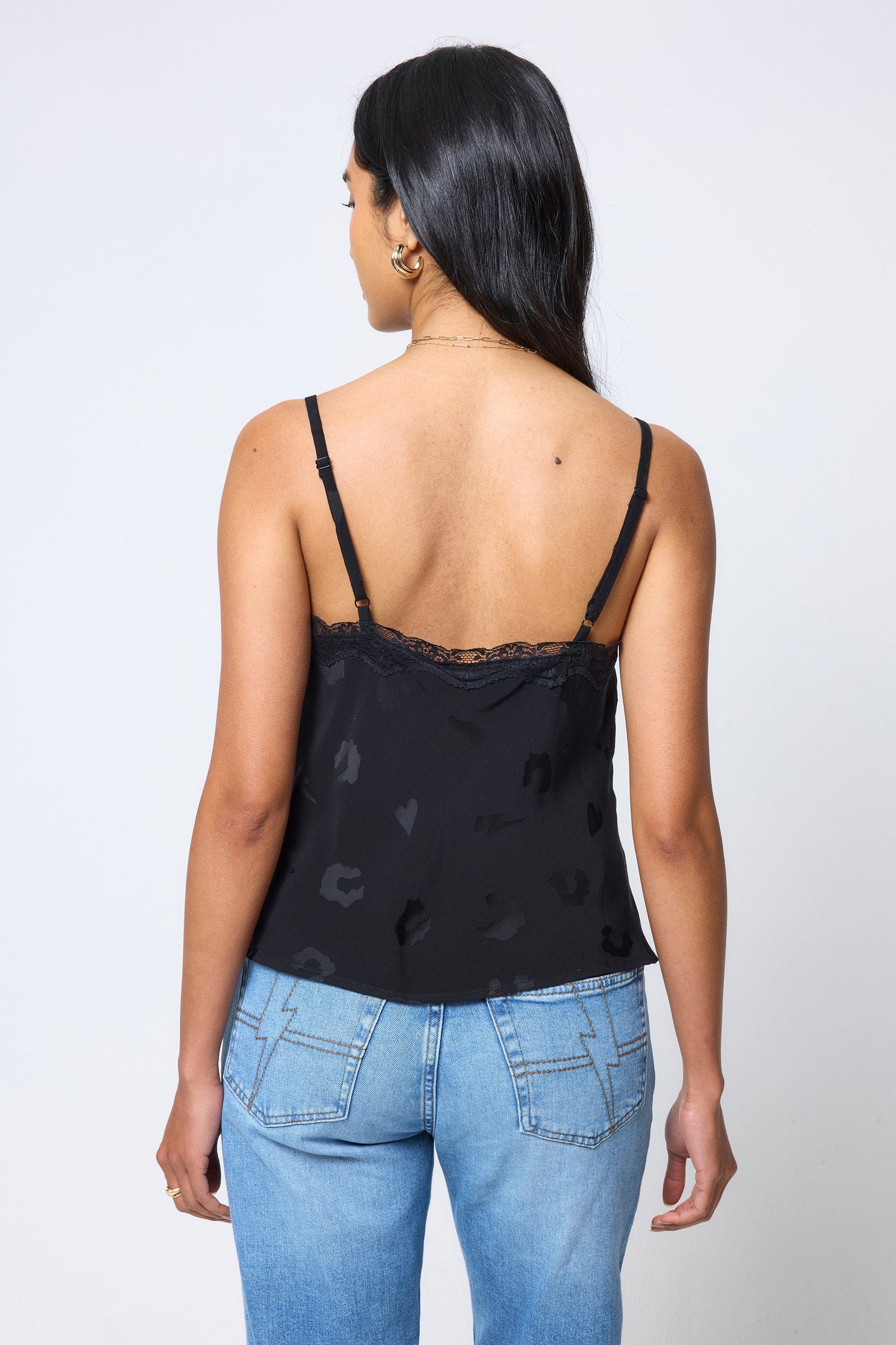 Black Jacquard Lace Trim Cami Top
