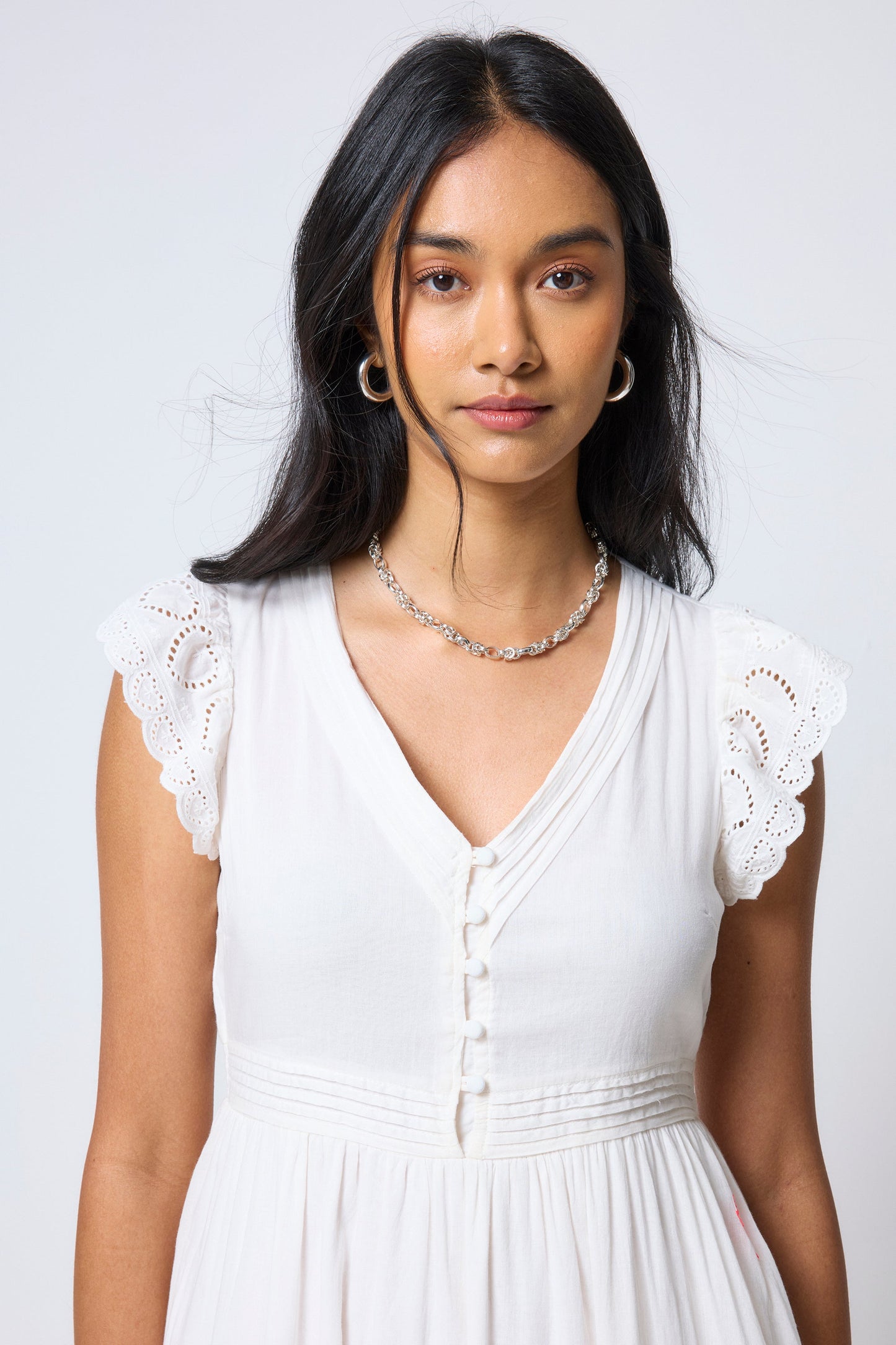 Cream Broderie Sleeve Pintuck Midi Dress