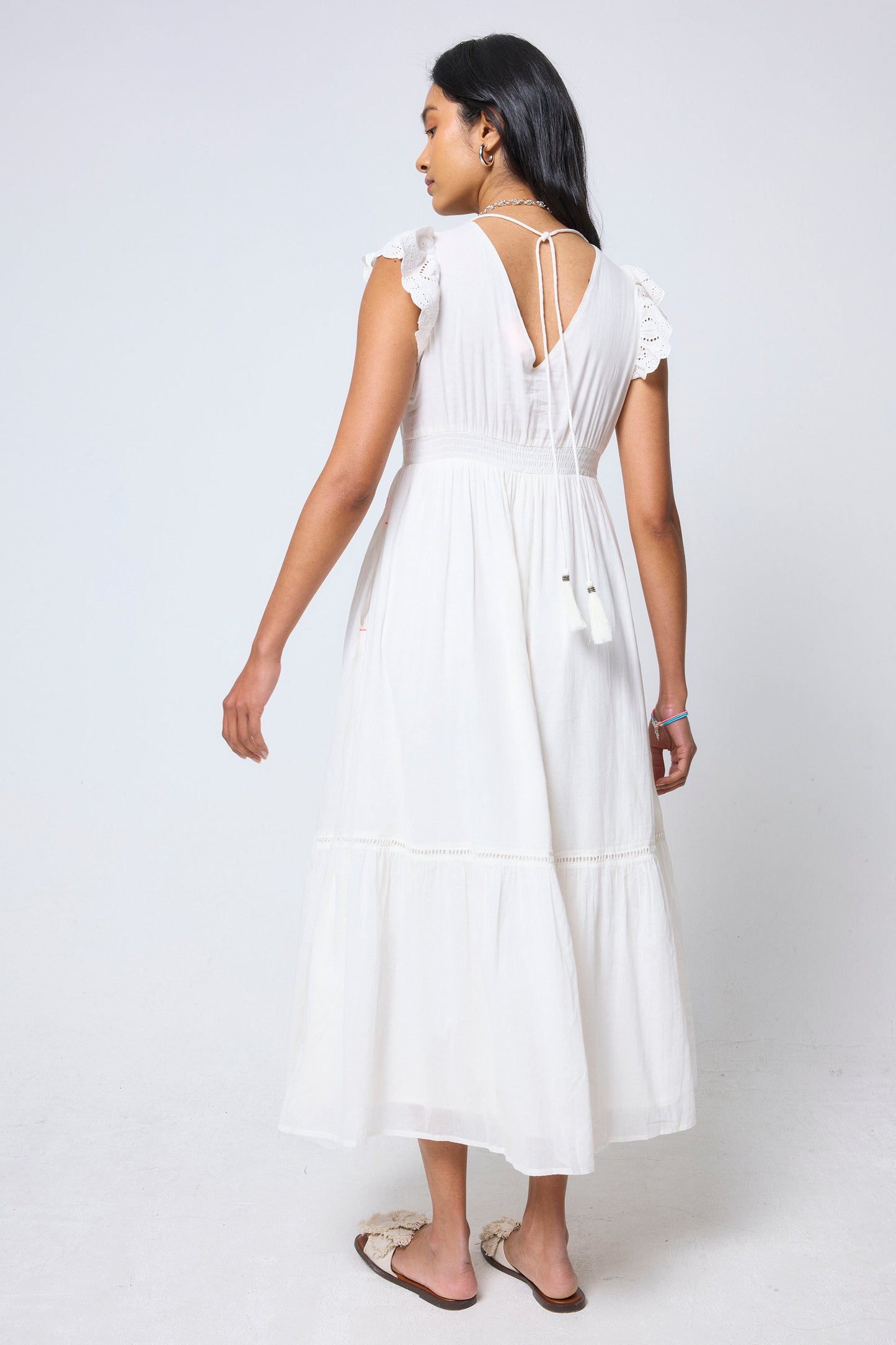 Cream Broderie Sleeve Pintuck Midi Dress