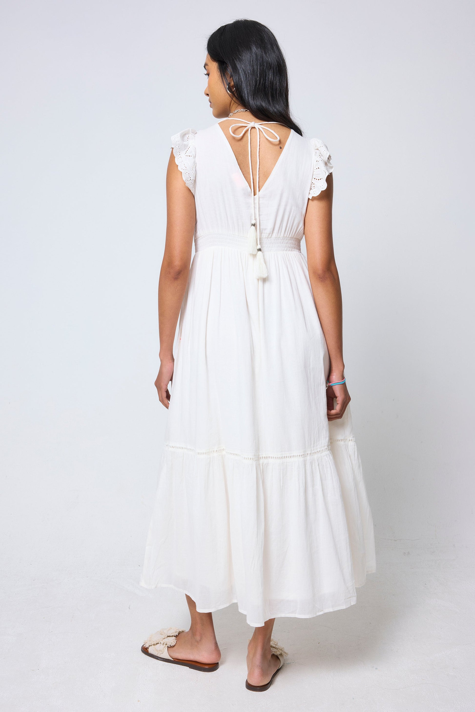 Cream Broderie Sleeve Pintuck Midi Dress