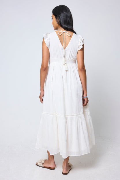 Cream Broderie Sleeve Pintuck Midi Dress