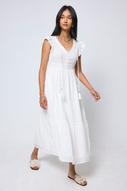 Cream Broderie Sleeve Pintuck Midi Dress
