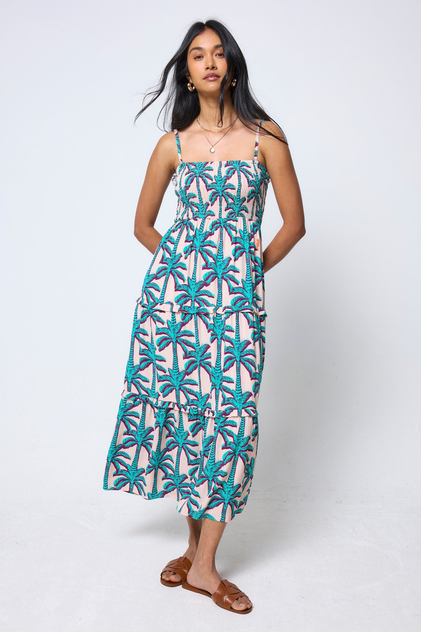 Cream with Green Shadow Palm Bandeau Midi Dress