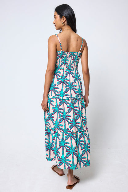 Cream with Green Shadow Palm Bandeau Midi Dress
