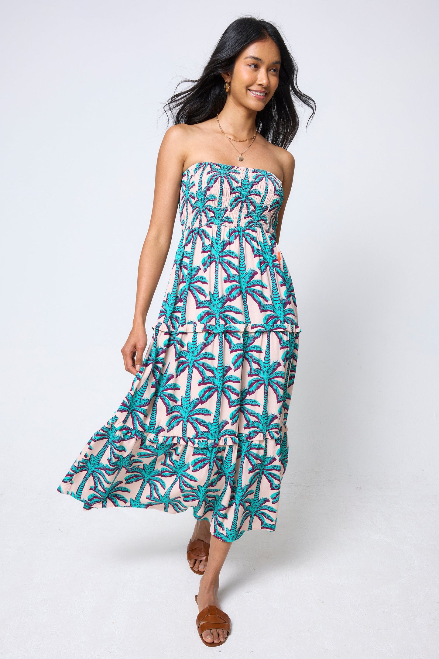 Cream with Green Shadow Palm Bandeau Midi Dress