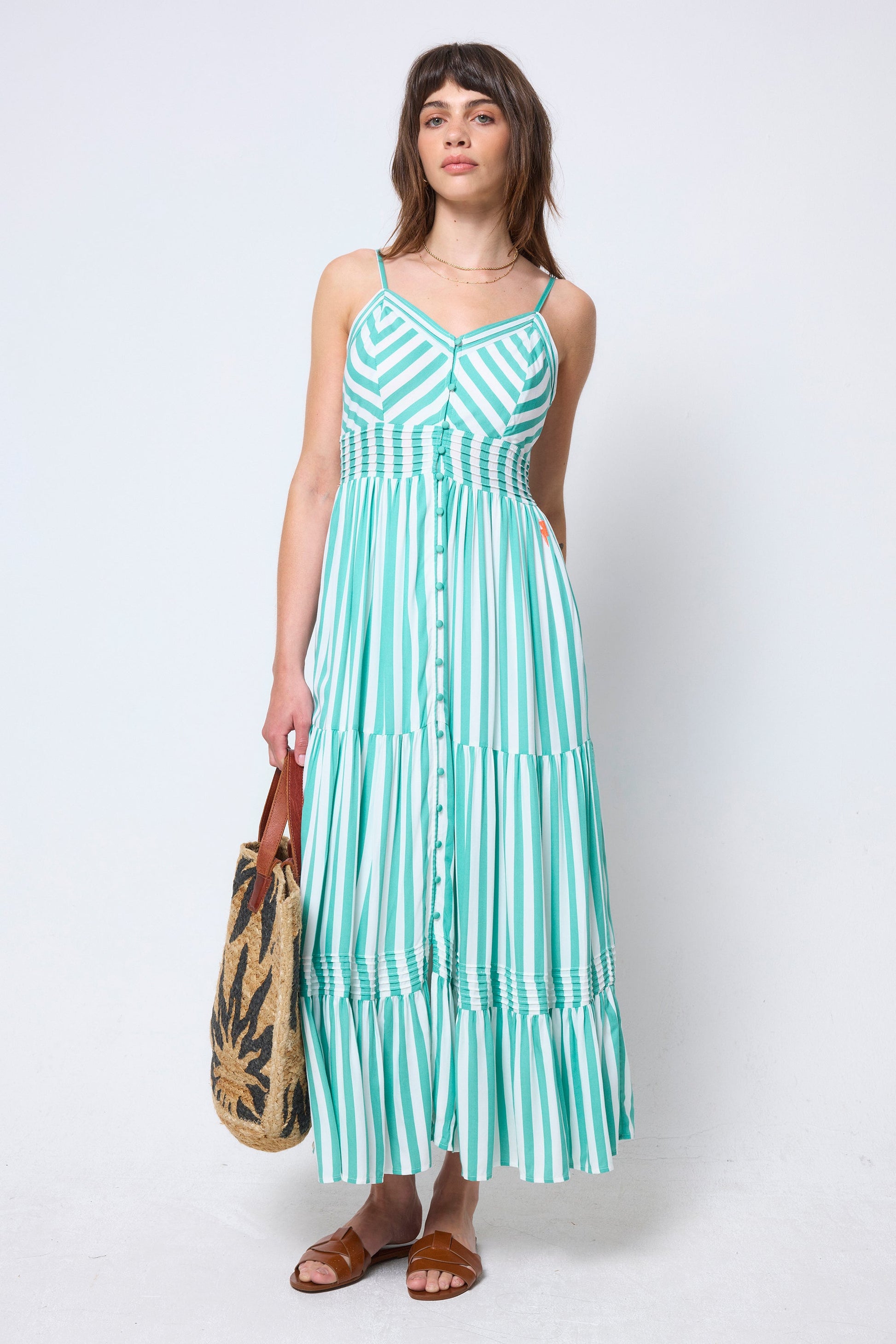 Green and White Stripe Pintuck Midi Sundress