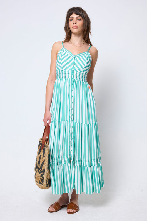 Green and White Stripe Pintuck Midi Sundress