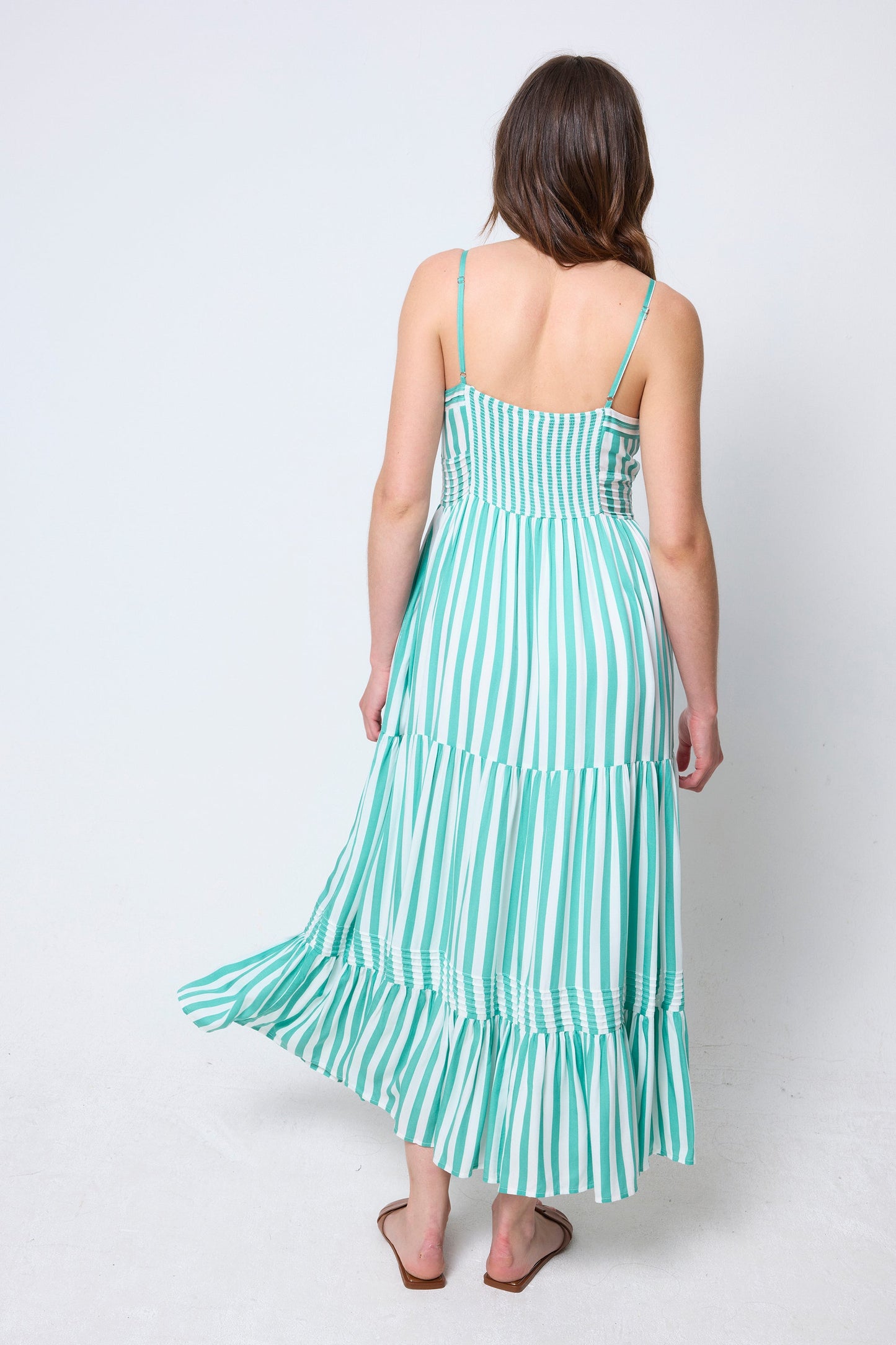 Green and White Stripe Pintuck Midi Sundress