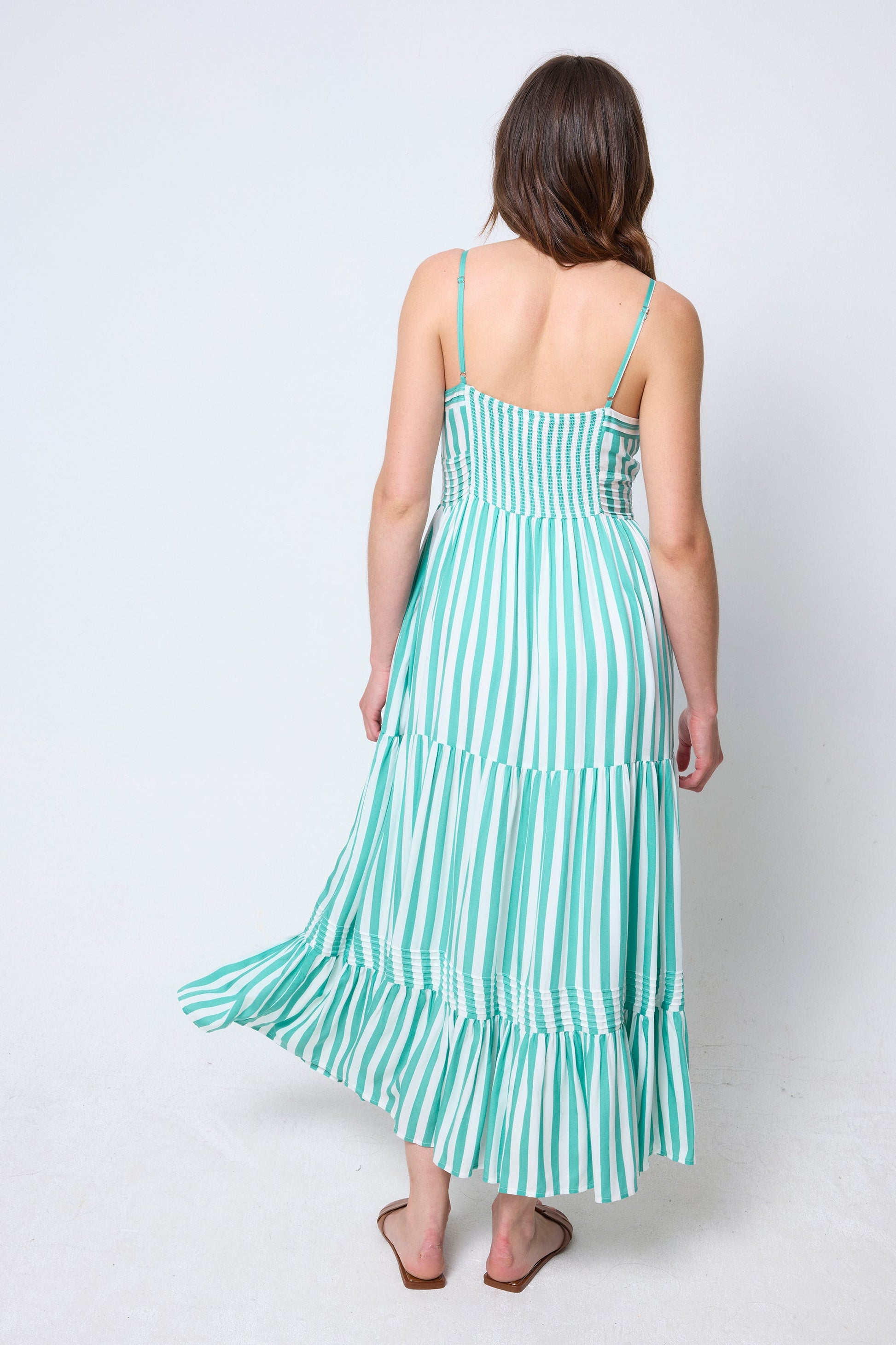 Green and White Stripe Pintuck Midi Sundress