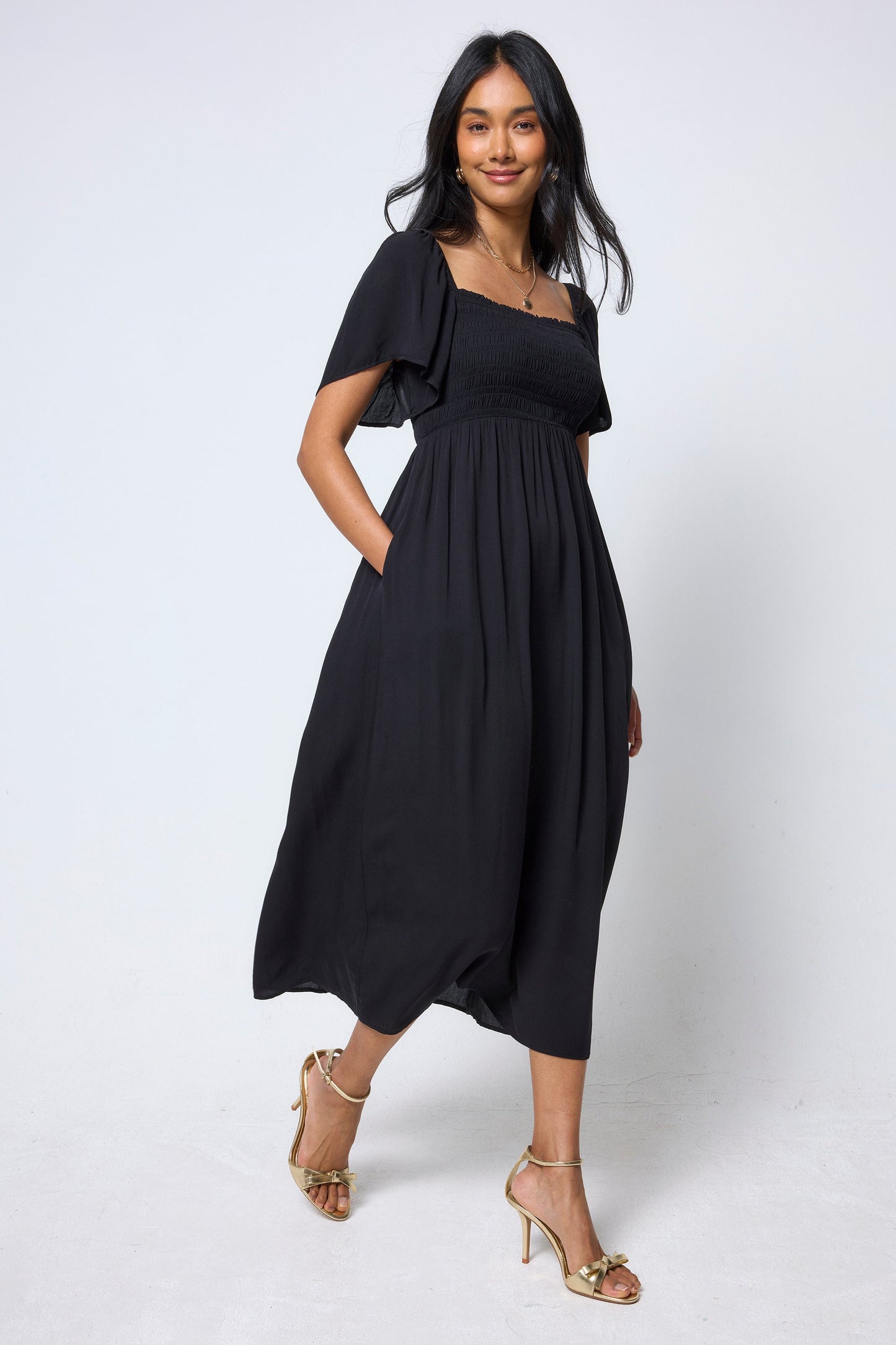 Black Shirred Square Neck Midi Dress