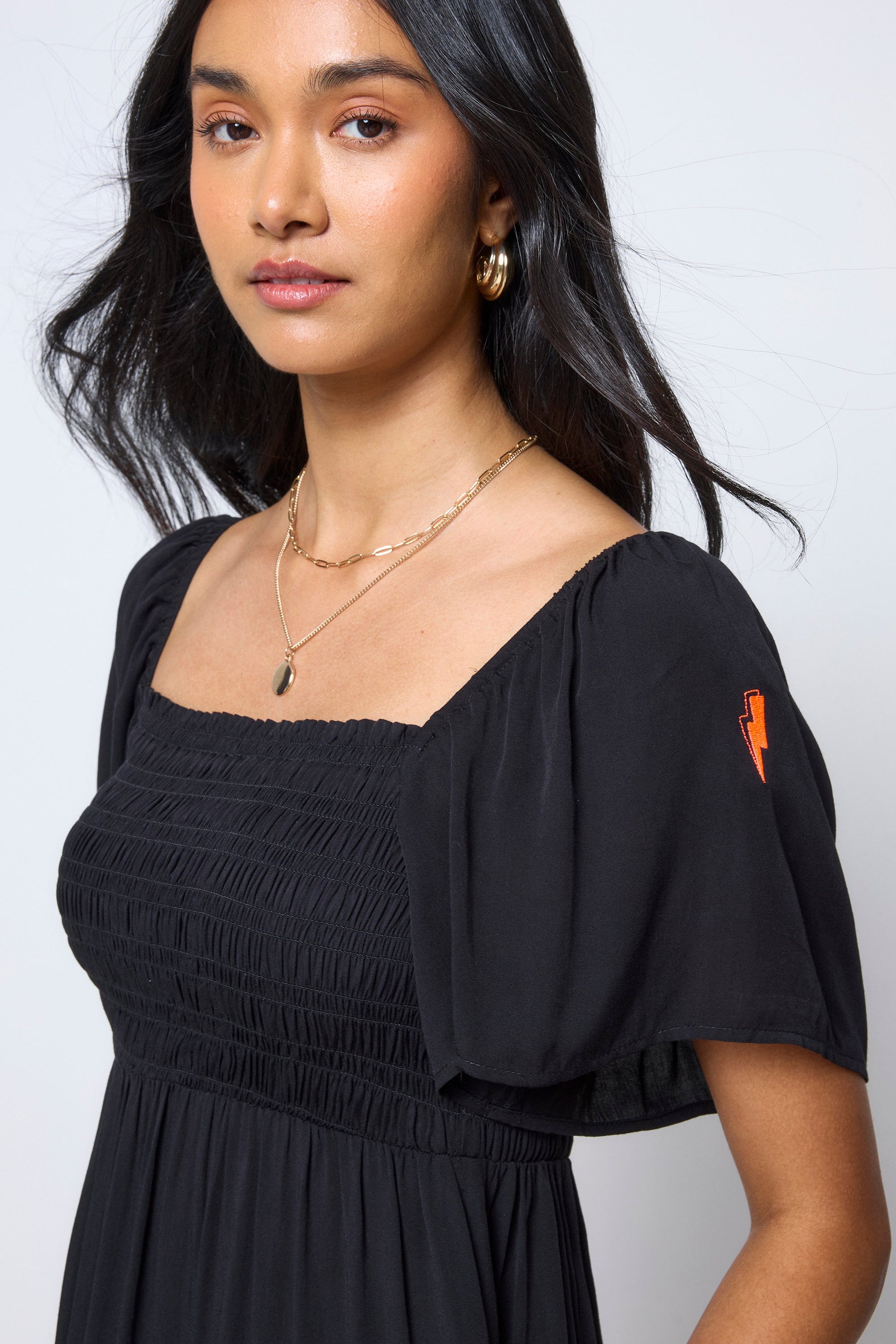 Black Shirred Square Neck Midi Dress