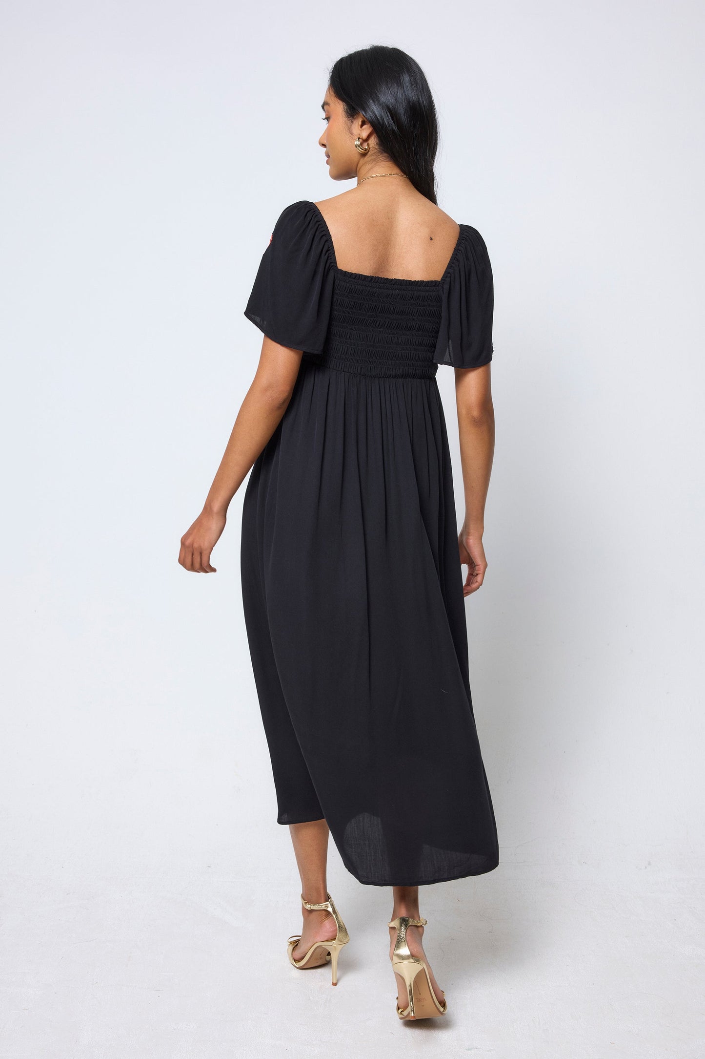 Black Shirred Square Neck Midi Dress