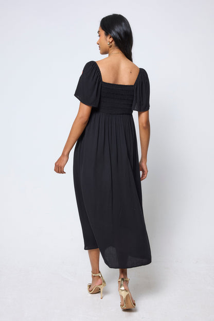 Black Shirred Square Neck Midi Dress