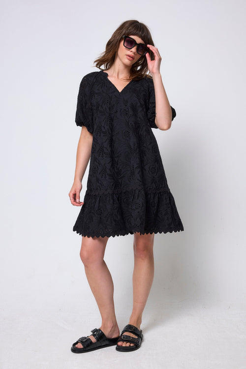 Black V-Neck Broderie Short Dress