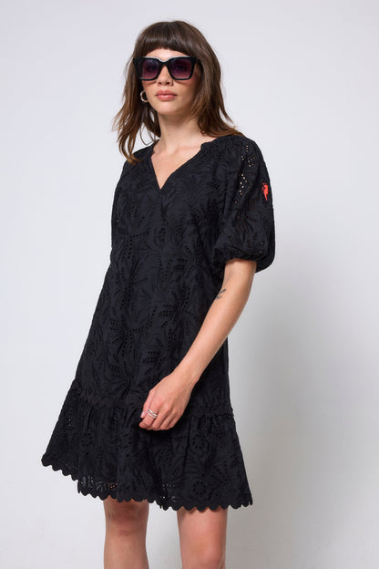 Black V-Neck Broderie Short Dress