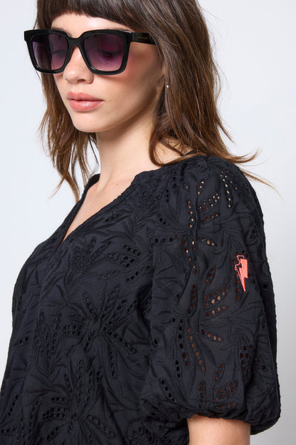 Black V-Neck Broderie Short Dress