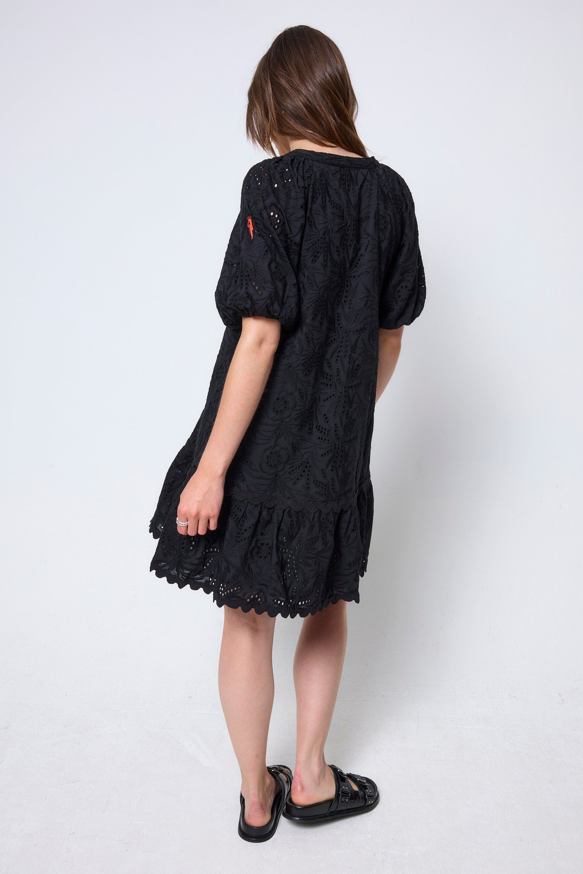 Black V-Neck Broderie Short Dress
