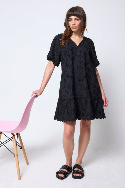 Black V-Neck Broderie Short Dress
