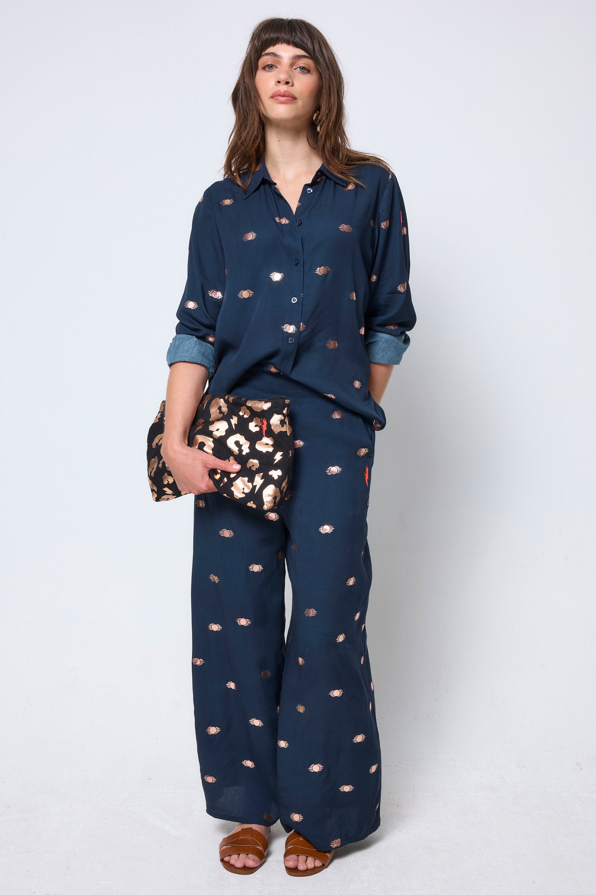 Navy with Gold Foil Wide Leg Trousers