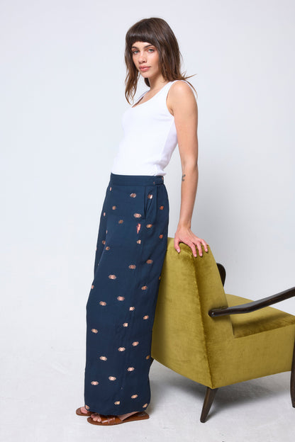 Navy with Gold Foil Wide Leg Trousers