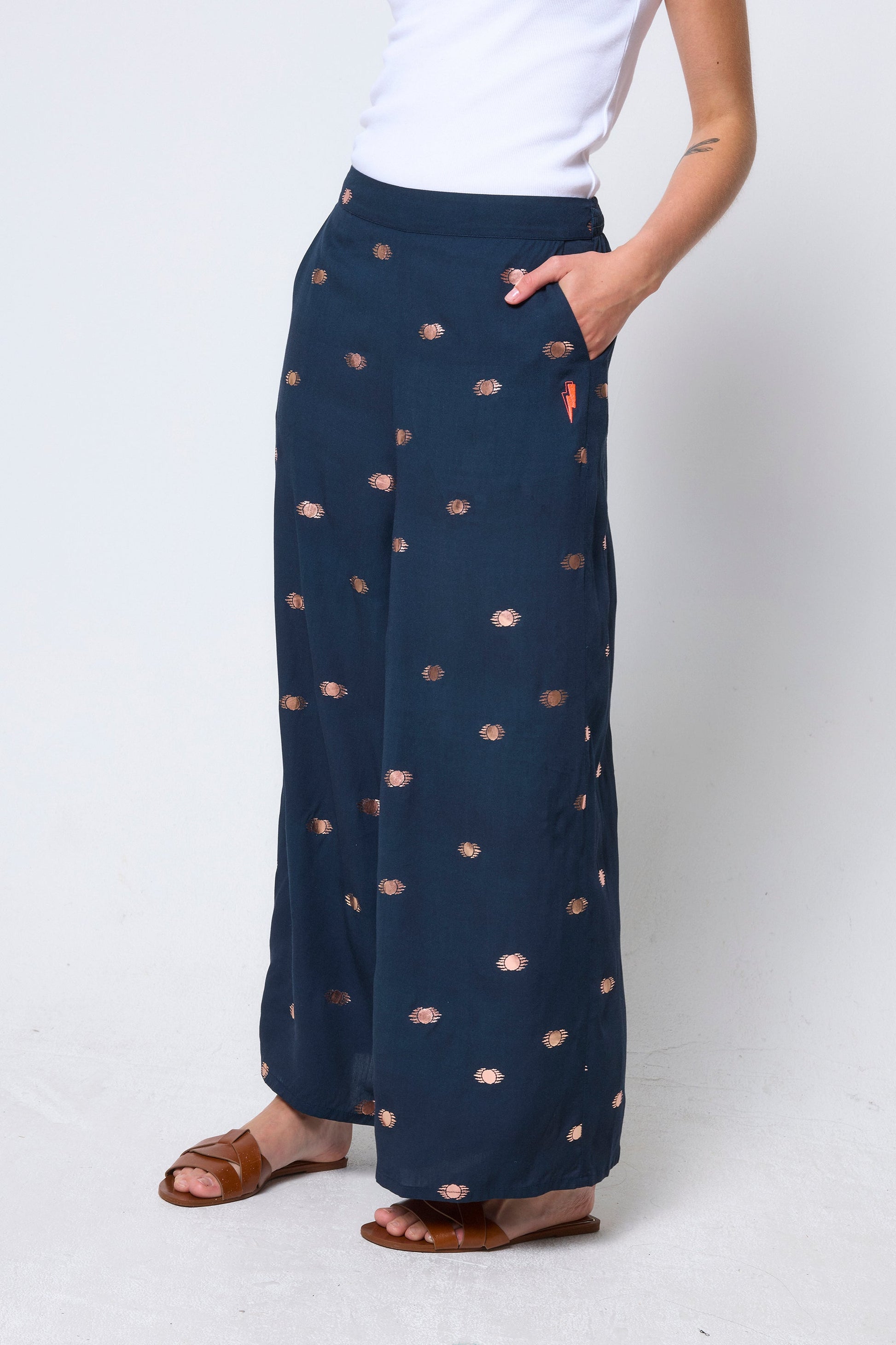 Navy with Gold Foil Wide Leg Trousers
