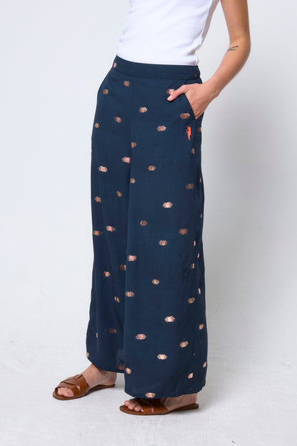 Navy with Gold Foil Wide Leg Trousers