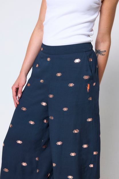 Navy with Gold Foil Wide Leg Trousers
