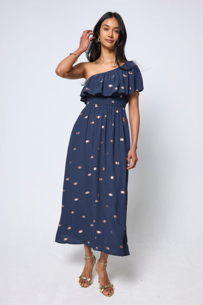 Navy with Gold Foil One Shoulder Midi Dress