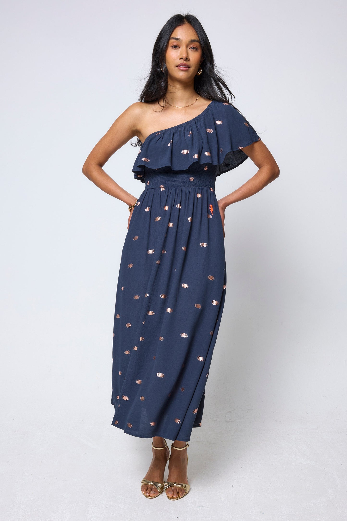 Navy with Gold Foil One Shoulder Midi Dress