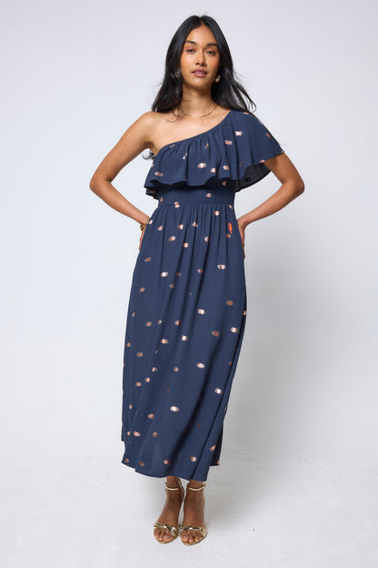 Navy with Gold Foil One Shoulder Midi Dress
