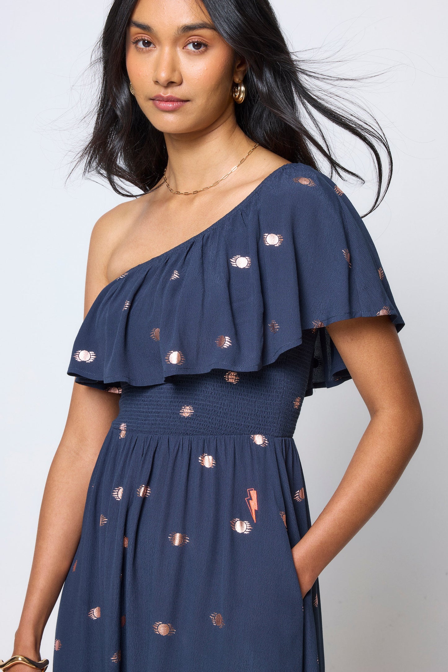 Navy with Gold Foil One Shoulder Midi Dress