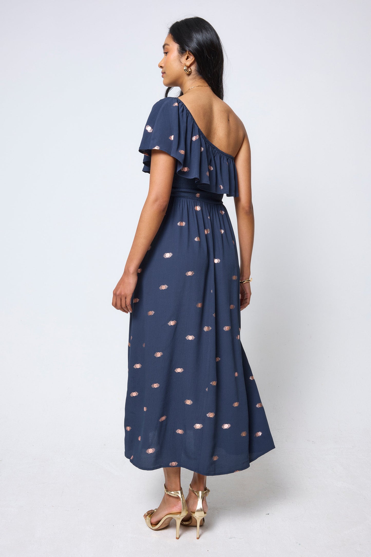 Navy with Gold Foil One Shoulder Midi Dress