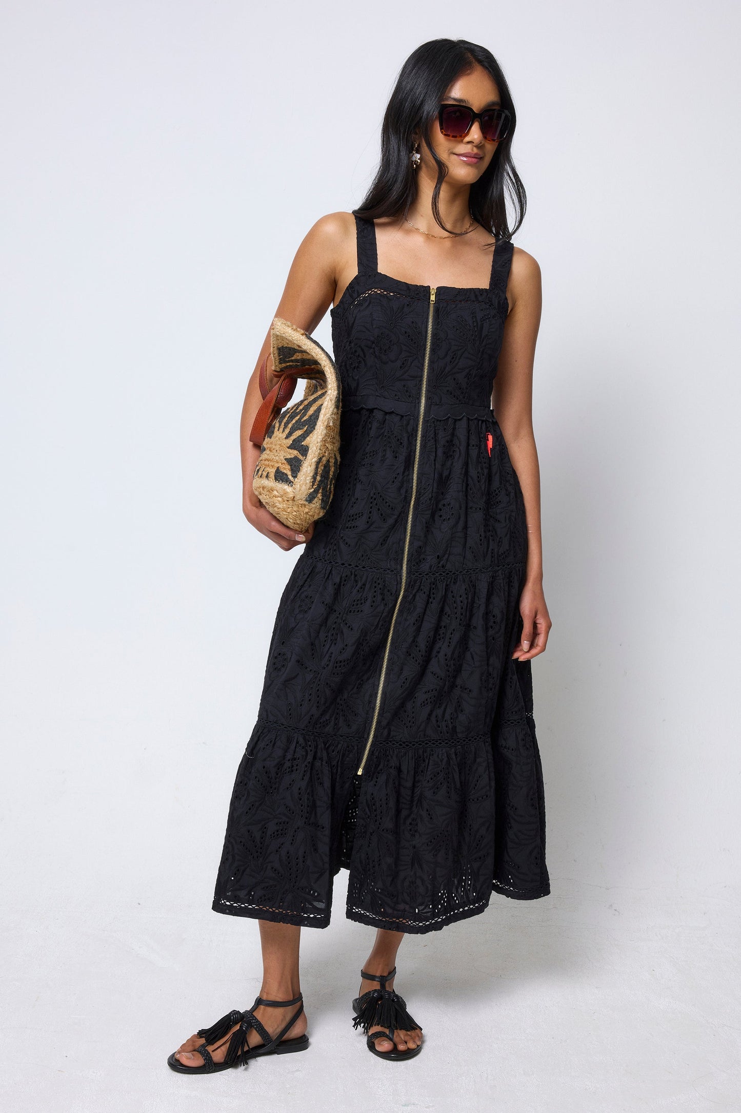 Black Broderie Zip Detail Midi Sundress