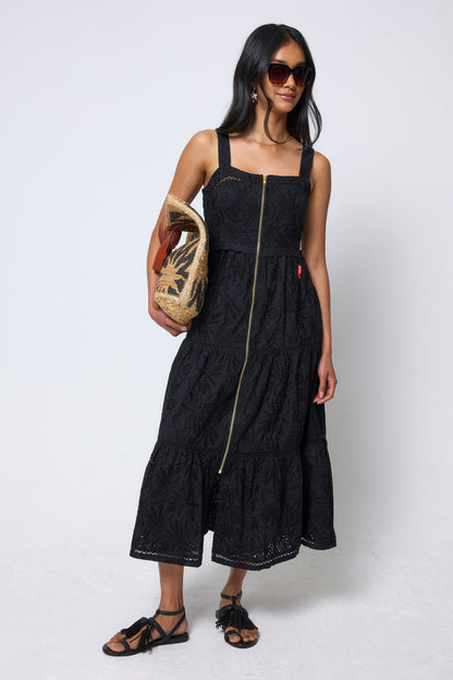 Black Broderie Zip Detail Midi Sundress