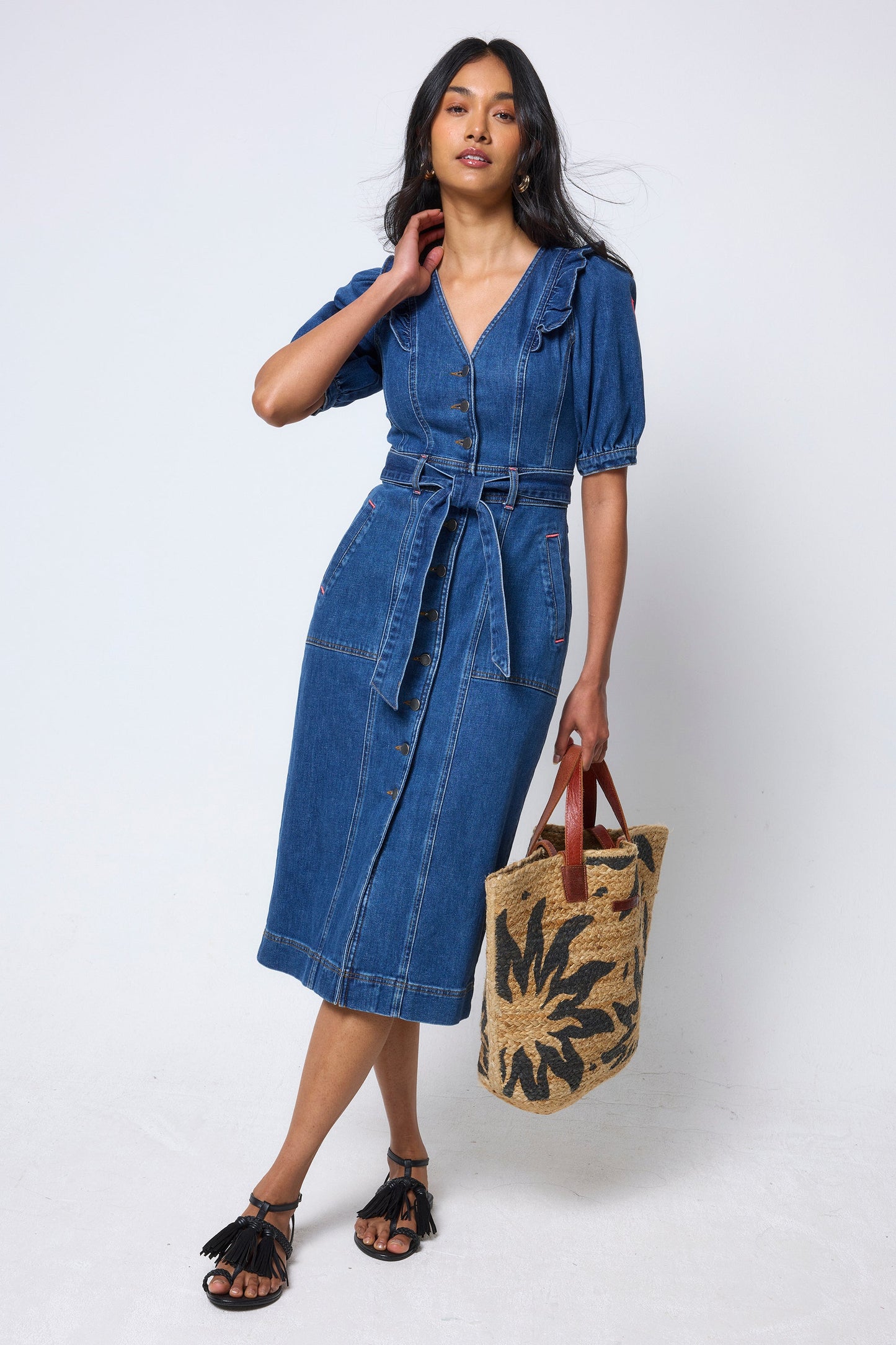 Indigo Frill Sleeve Midi Denim Dress