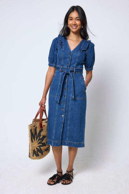 Indigo Frill Sleeve Midi Denim Dress