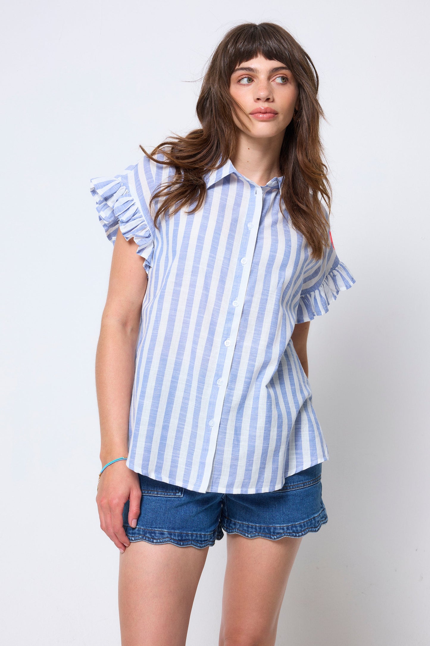 Blue and White Stripe Frill Sleeve Shirt