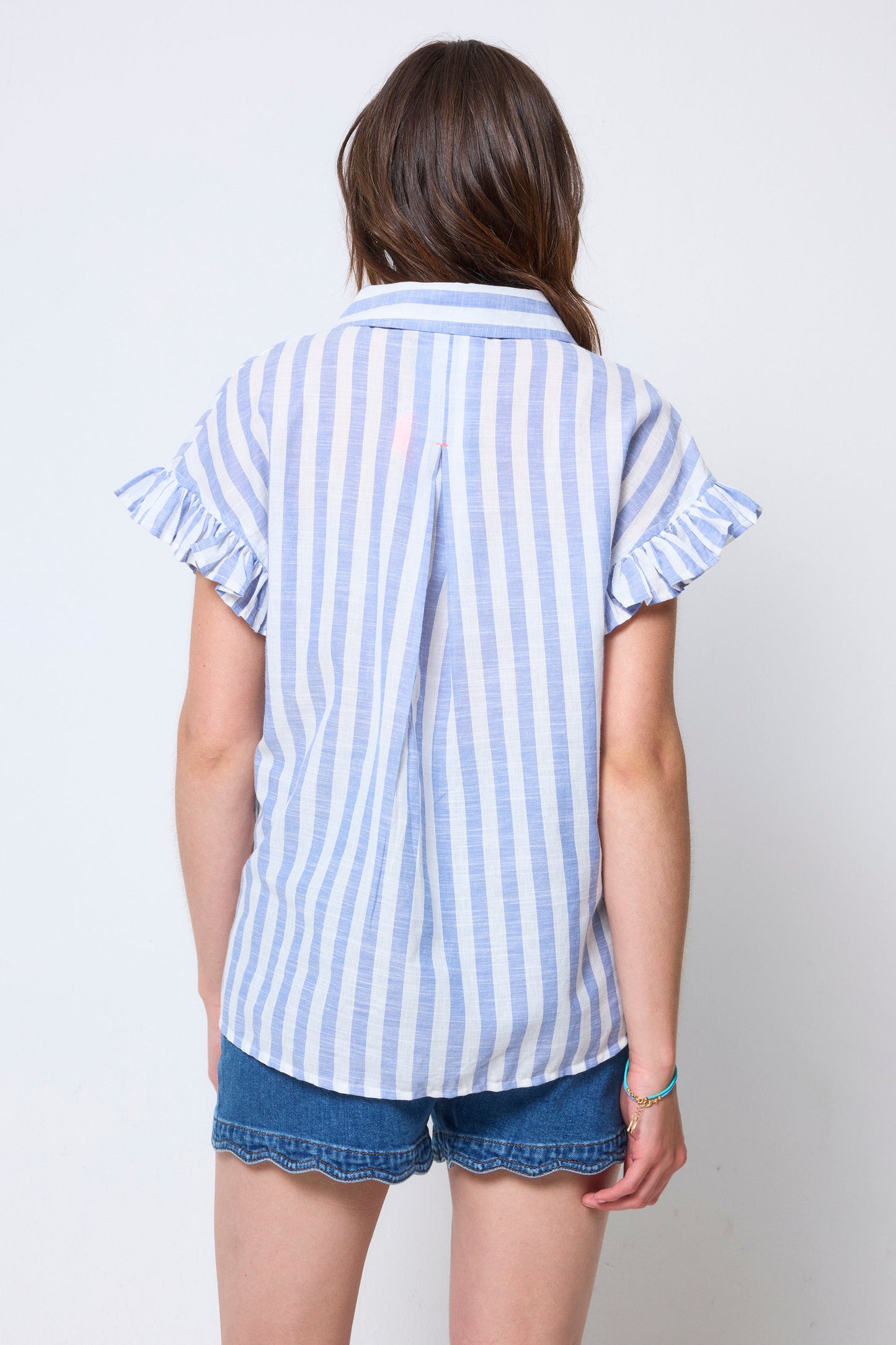 Blue and White Stripe Frill Sleeve Shirt