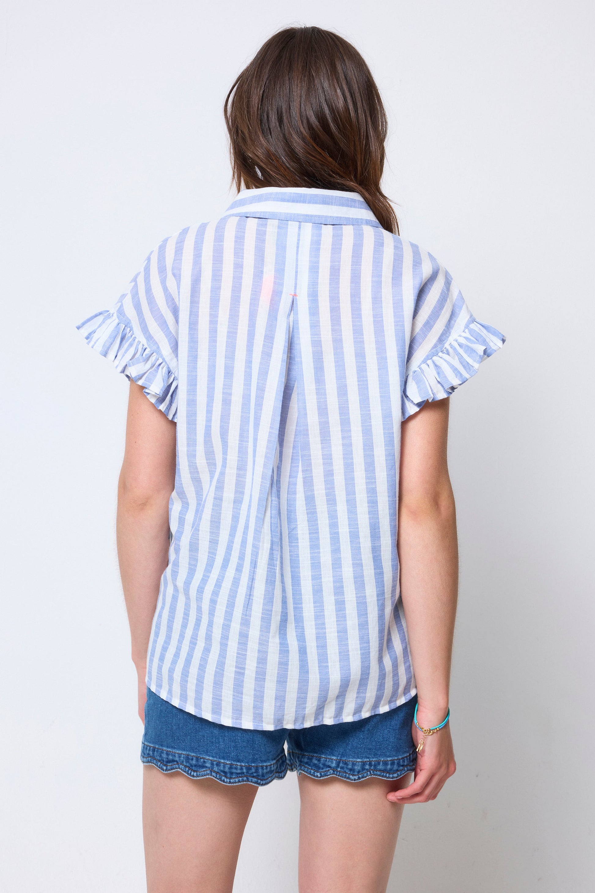 Blue and White Stripe Frill Sleeve Shirt