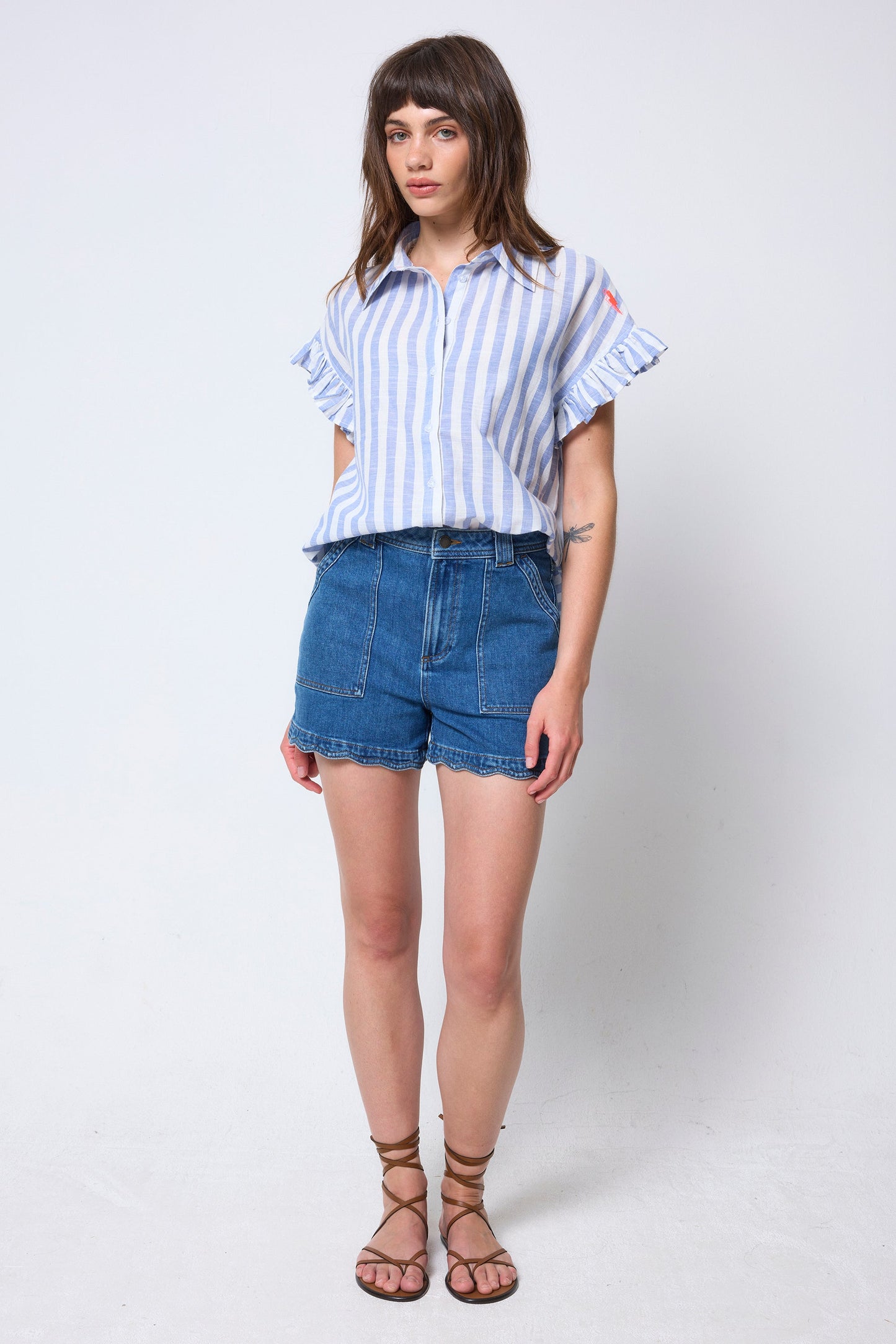 Blue and White Stripe Frill Sleeve Shirt