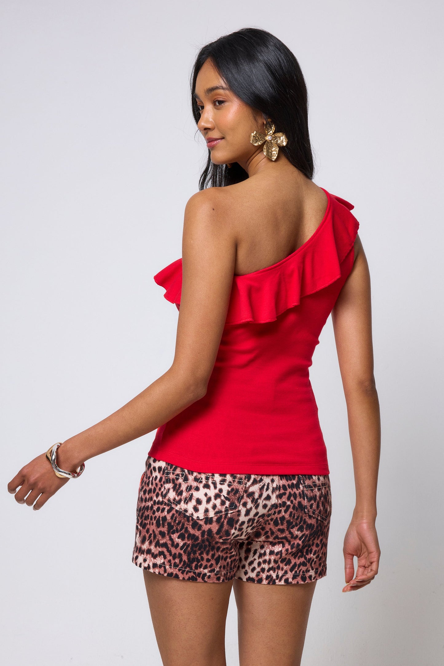 Red One Shoulder Frill Top