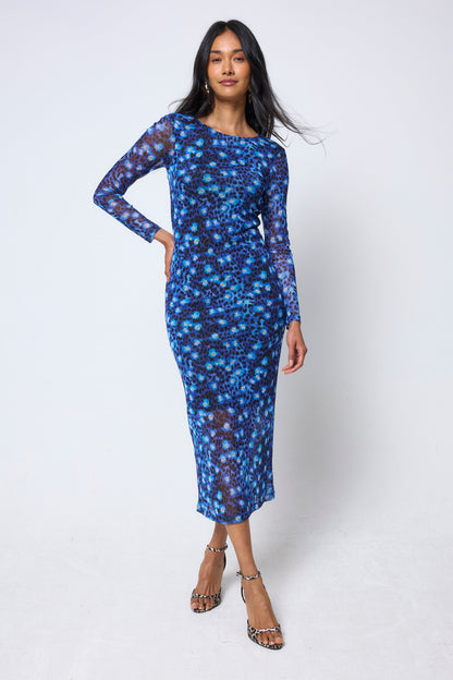 Navy Paradise Cheetah Mesh Midi Dress