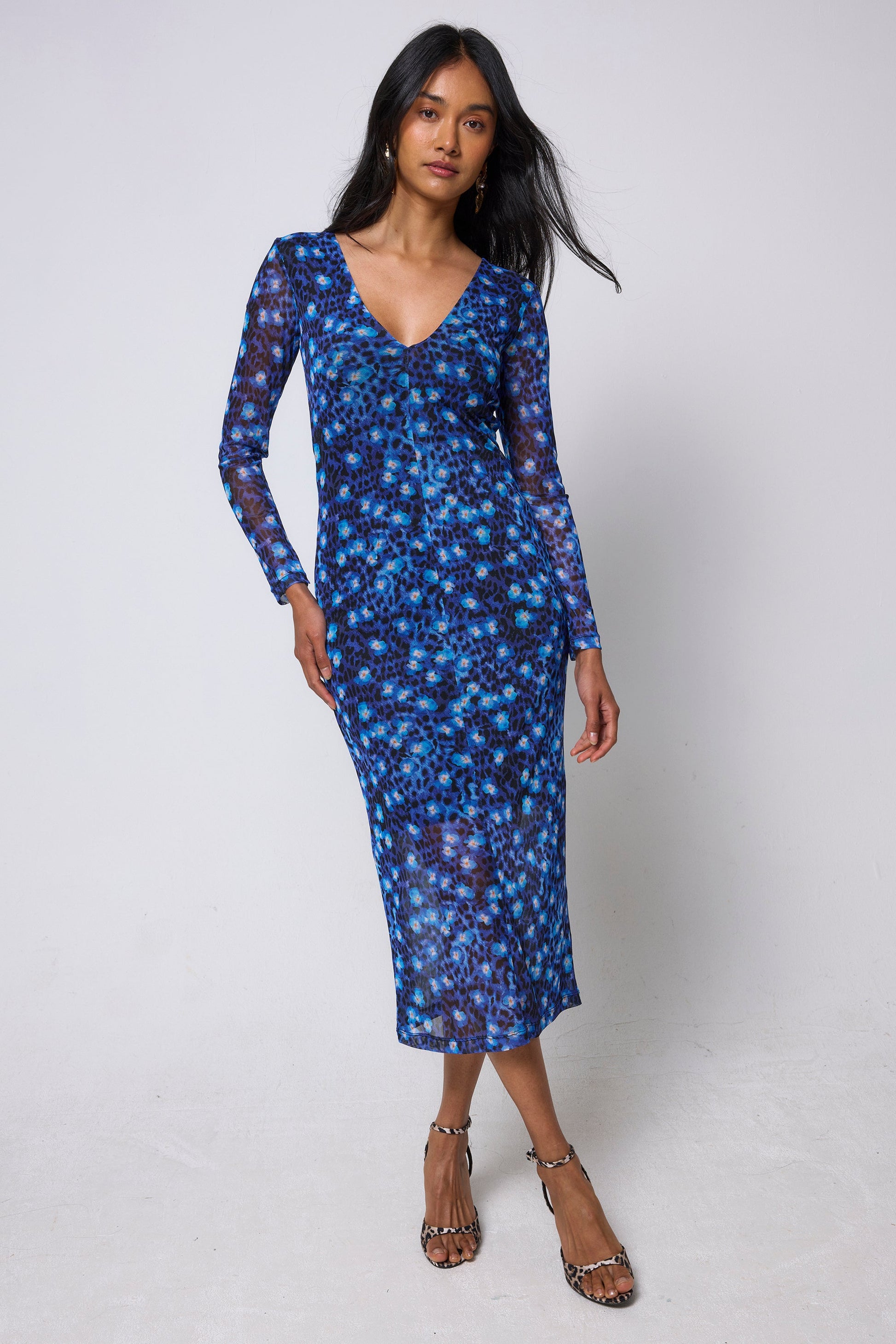 Navy Paradise Cheetah Mesh Midi Dress